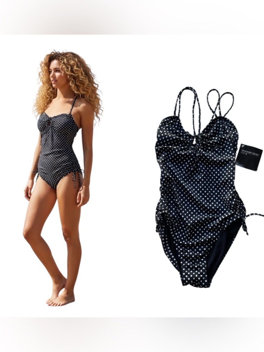 Newport News 1 Piece Swimsuit Black White Polka Dot Size 10 Medium Keyhole NWT